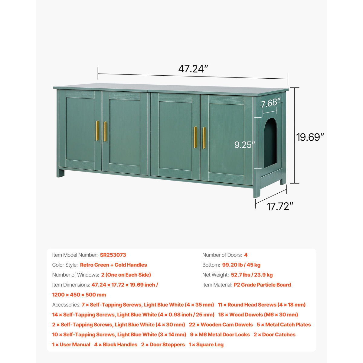Cat Litter Box Enclosure for Multi Cats, 47.2 in Hidden Litter Box Cabinet with 4 Doors & 2 Entries, Indoor Cat Washroom, Wooden Kitty House Furniture Side Table, Fit Most Litterboxes, Green