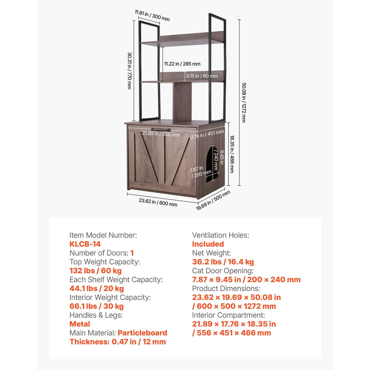 Cat Litter Box Enclosure Furniture, 23.6 in Hidden Litter Box Cabinet with Storage Shelves, Modern Style, Waterproof Cat Washroom Side Table Cat House, Fit Most of Litterbox, for Living Room