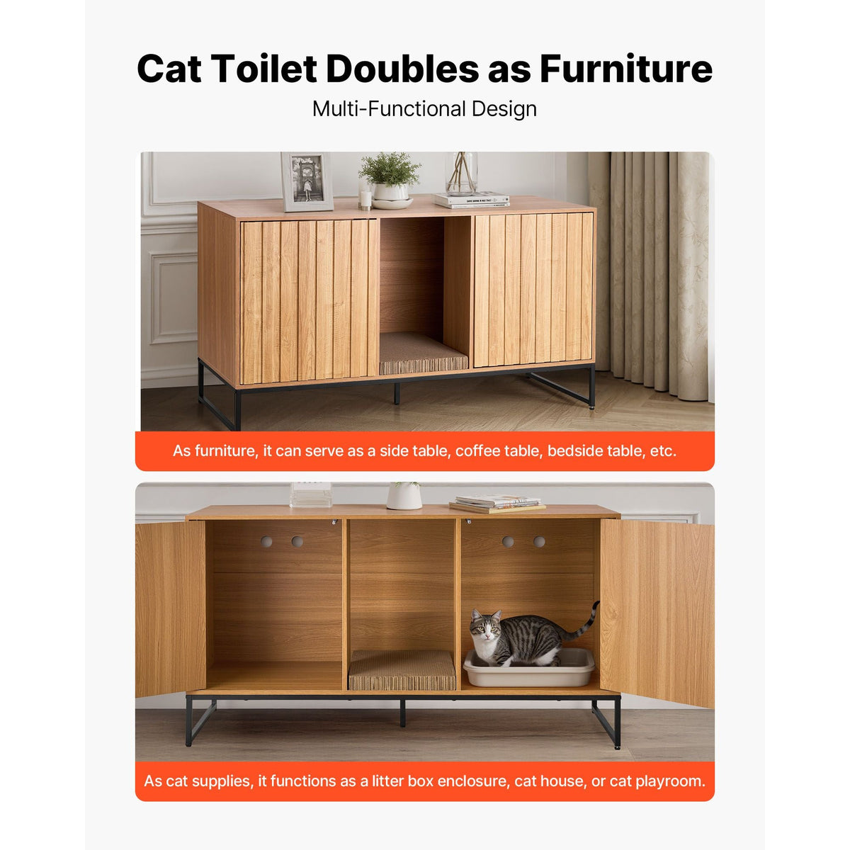 Cat Litter Box Enclosure Furniture, 47.2 in Hidden Litter Box Cabinet with Scratch Pad & Storage, Waterproof Cat Washroom End Table Cat House, Fit Most of Litterbox, for Bedroom Living Room