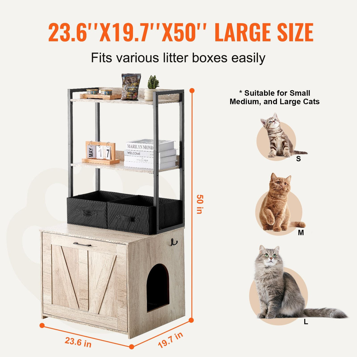 Cat Litter Box Enclosure, Hidden Litter Box Furniture with 2 Storage Shelves & 2 Baskets, Wooden Cat Washroom Indoor, Cat House Cabinet Fit Most of Litter Box, 23.6"L x 19.7"W x 50"H, Natural