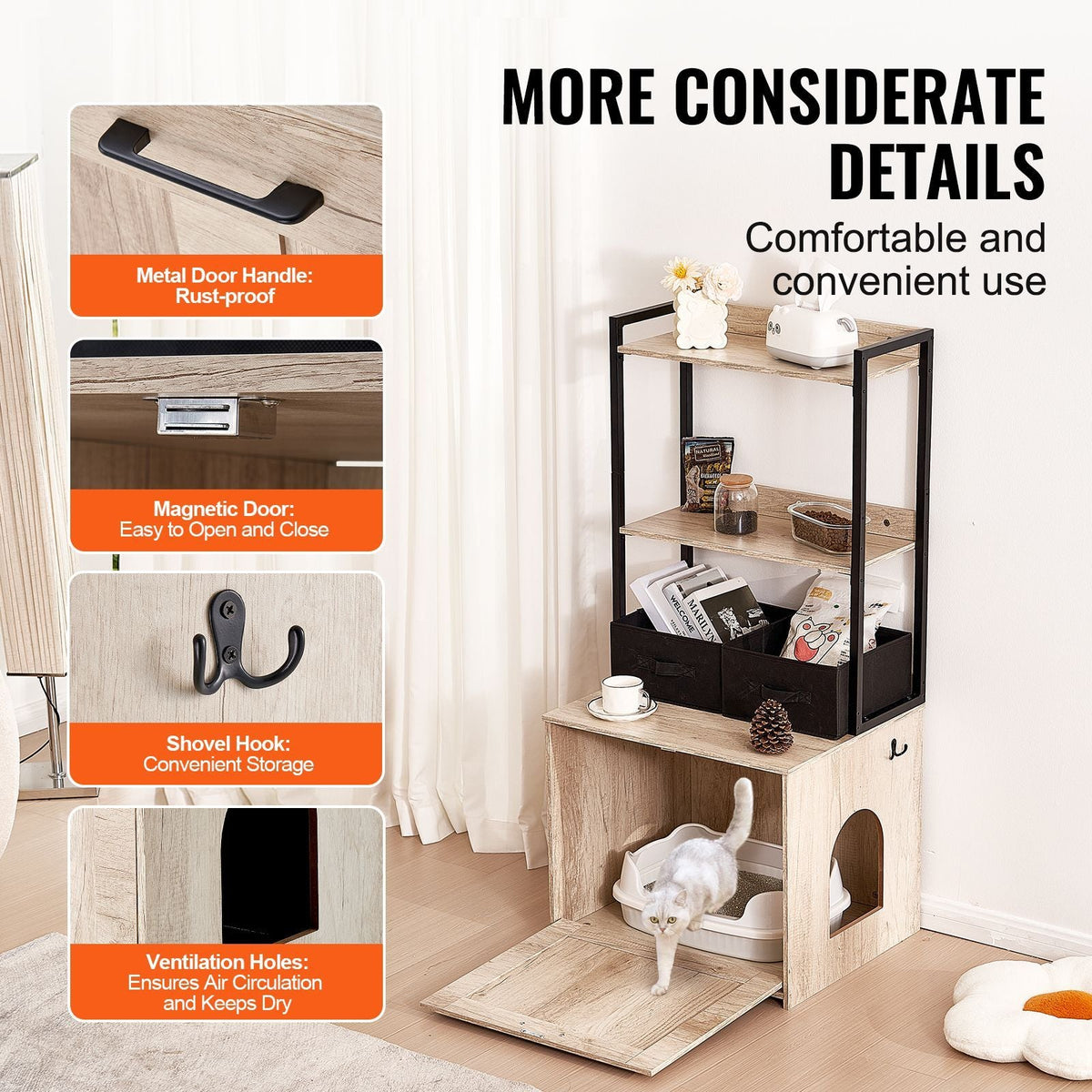 Cat Litter Box Enclosure, Hidden Litter Box Furniture with 2 Storage Shelves & 2 Baskets, Wooden Cat Washroom Indoor, Cat House Cabinet Fit Most of Litter Box, 23.6"L x 19.7"W x 50"H, Natural