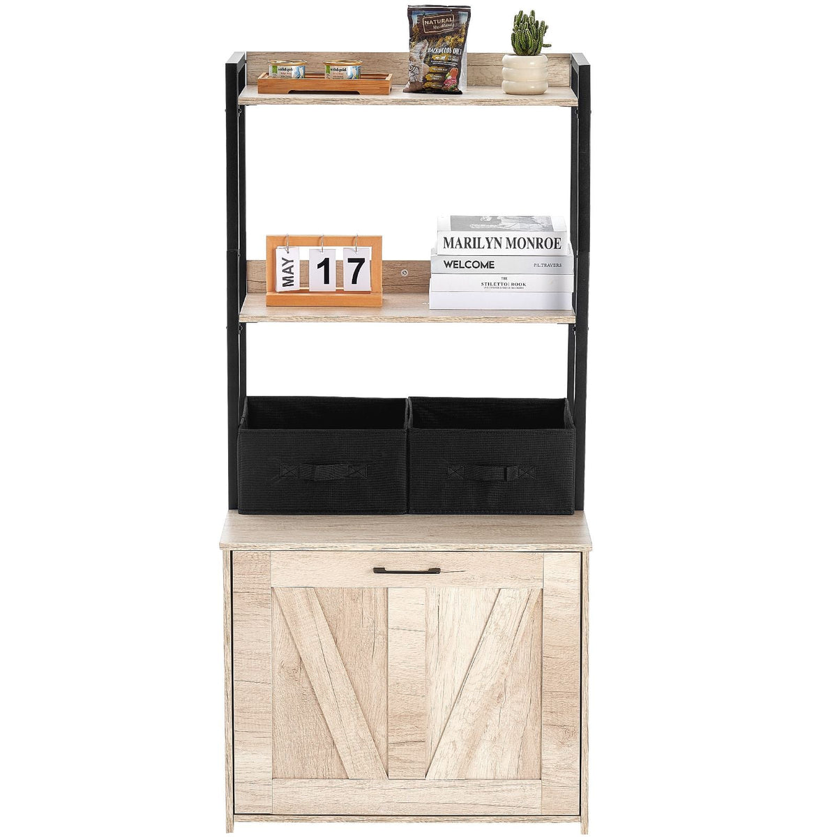 Cat Litter Box Enclosure, Hidden Litter Box Furniture with 2 Storage Shelves & 2 Baskets, Wooden Cat Washroom Indoor, Cat House Cabinet Fit Most of Litter Box, 23.6"L x 19.7"W x 50"H, Natural
