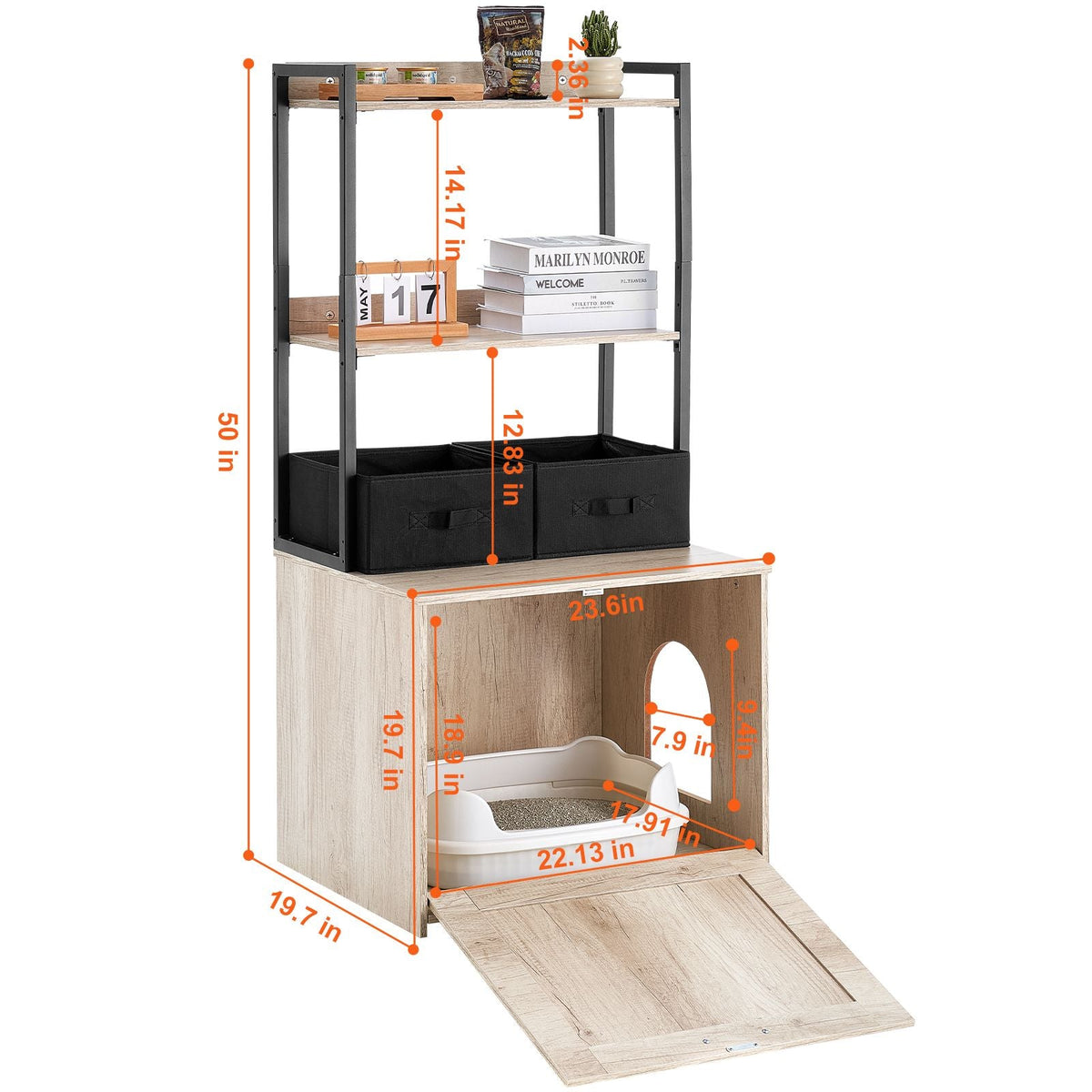 Cat Litter Box Enclosure, Hidden Litter Box Furniture with 2 Storage Shelves & 2 Baskets, Wooden Cat Washroom Indoor, Cat House Cabinet Fit Most of Litter Box, 23.6"L x 19.7"W x 50"H, Natural