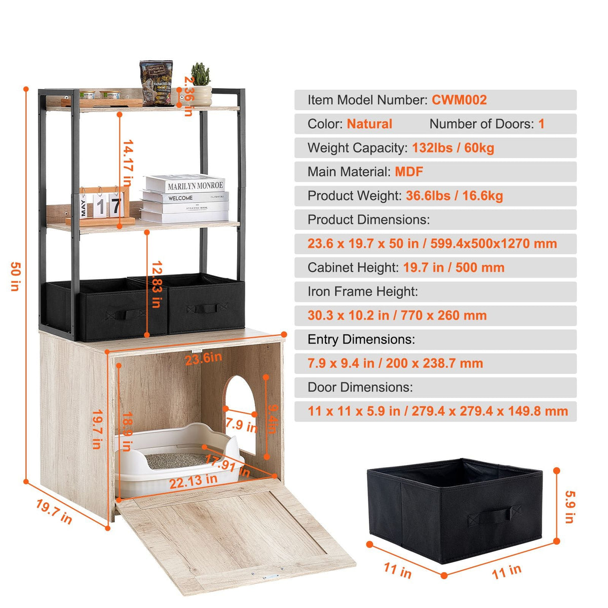 Cat Litter Box Enclosure, Hidden Litter Box Furniture with 2 Storage Shelves & 2 Baskets, Wooden Cat Washroom Indoor, Cat House Cabinet Fit Most of Litter Box, 23.6"L x 19.7"W x 50"H, Natural