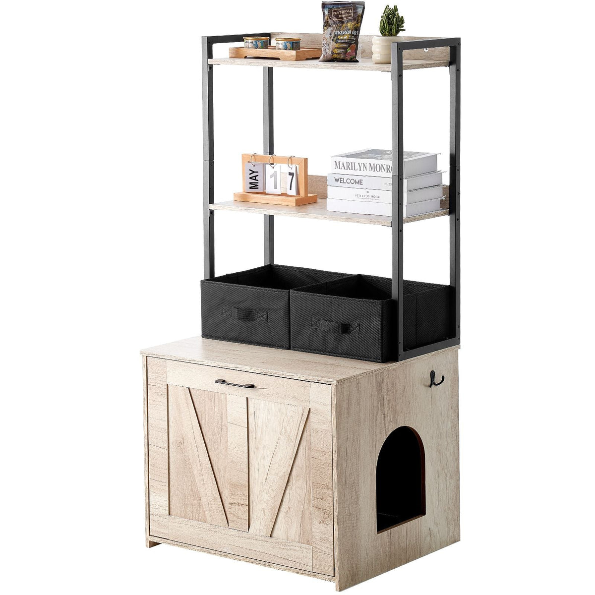Cat Litter Box Enclosure, Hidden Litter Box Furniture with 2 Storage Shelves & 2 Baskets, Wooden Cat Washroom Indoor, Cat House Cabinet Fit Most of Litter Box, 23.6"L x 19.7"W x 50"H, Natural