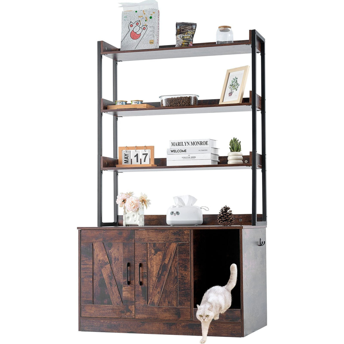 Cat Litter Box Enclosure, Hidden Litter Box Furniture with 3 Storage Shelves, Wooden Cat Washroom Indoor, Large Cat House Cabinet Hidden Fit Most Litter Box, 33.5"L x 19.3"W x 58.7"H, Dark Brown