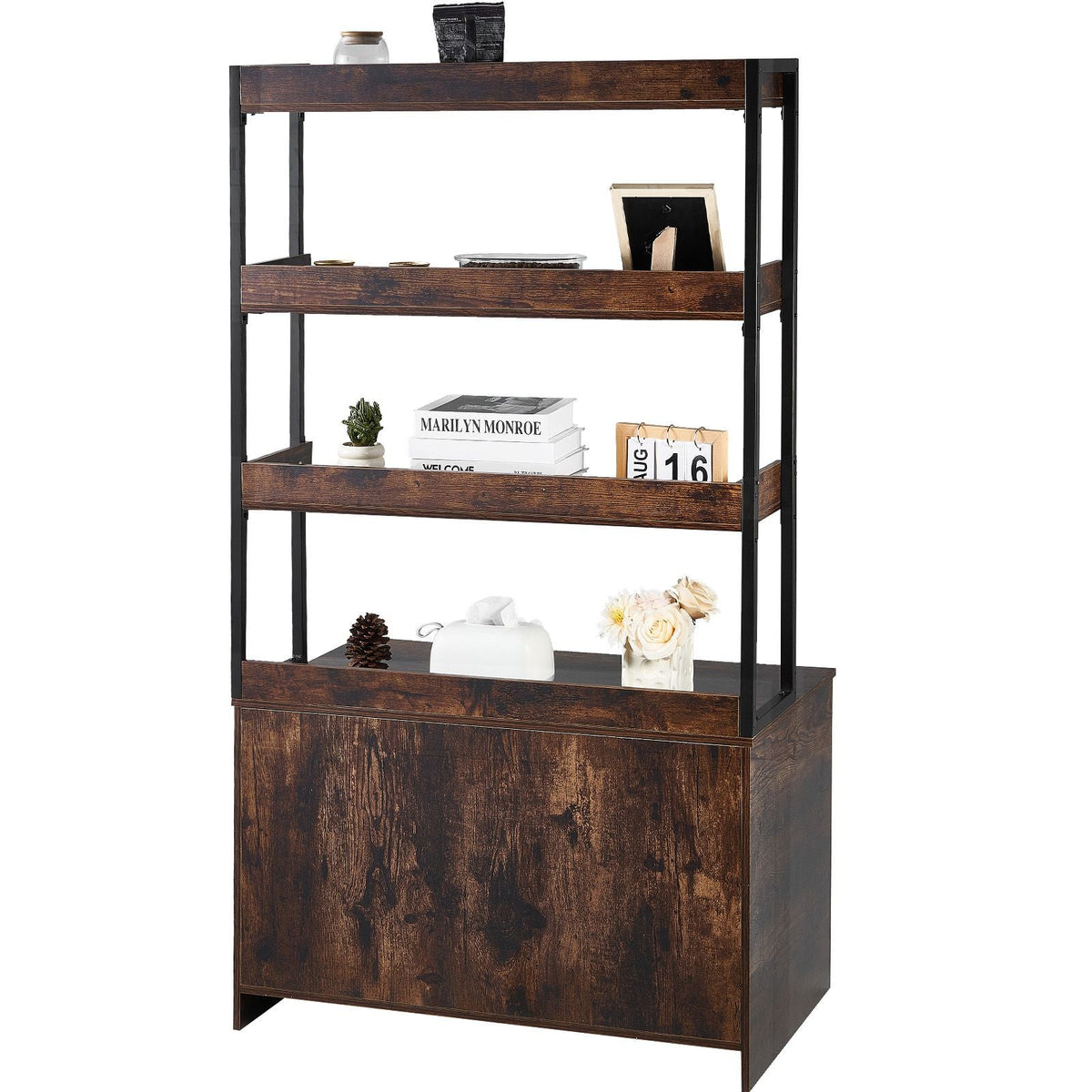 Cat Litter Box Enclosure, Hidden Litter Box Furniture with 3 Storage Shelves, Wooden Cat Washroom Indoor, Large Cat House Cabinet Hidden Fit Most Litter Box, 33.5"L x 19.3"W x 58.7"H, Dark Brown