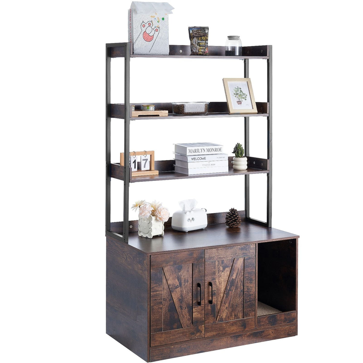 Cat Litter Box Enclosure, Hidden Litter Box Furniture with 3 Storage Shelves, Wooden Cat Washroom Indoor, Large Cat House Cabinet Hidden Fit Most Litter Box, 33.5"L x 19.3"W x 58.7"H, Dark Brown