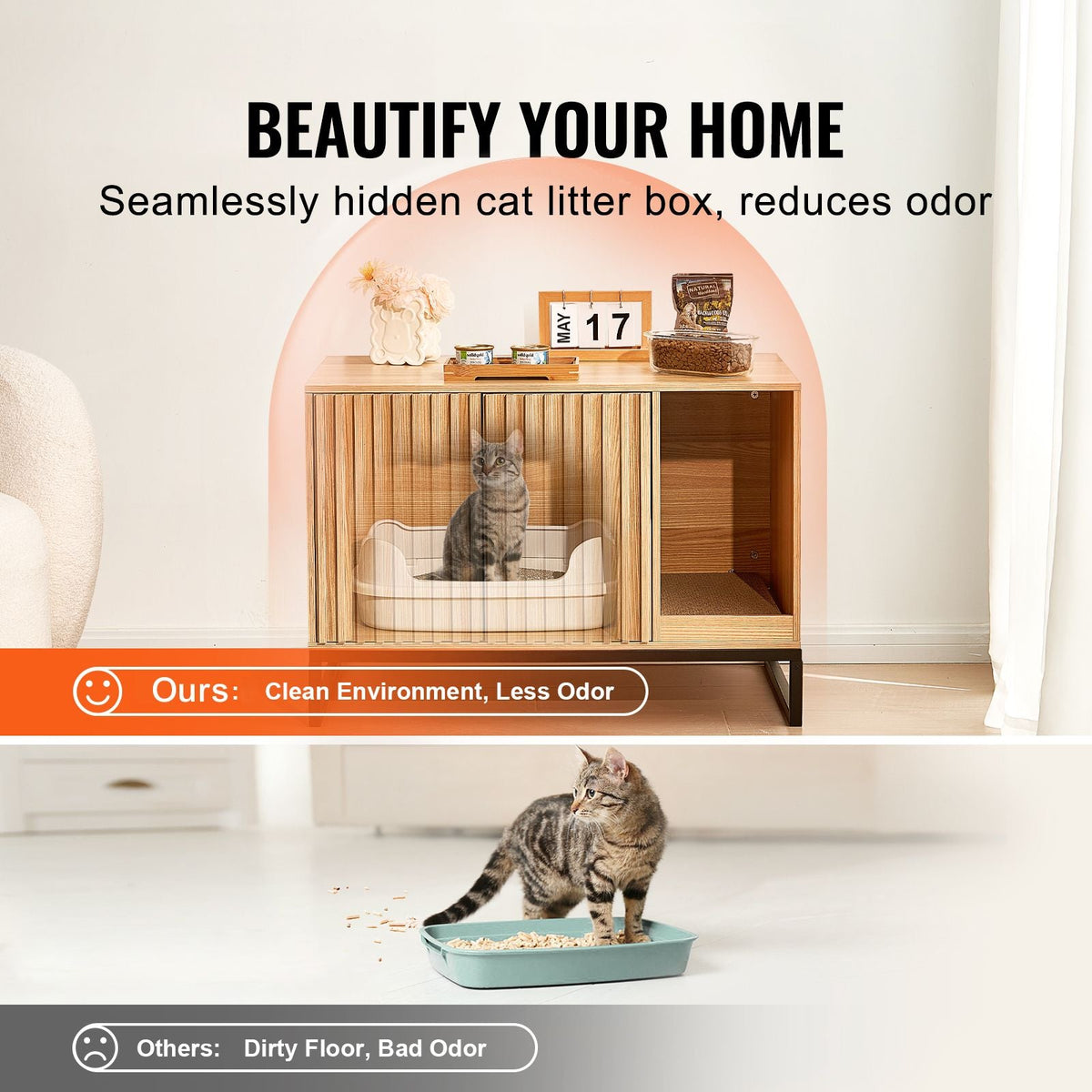 Cat Litter Box Enclosure, Hidden Litter Box Furniture, Wooden Cat Washroom Indoor with 2 Doors & Study Metal Legs, Cat House Cabinet Hidden Fit Most of Litter Box, 31.5"L x 20"W x 22"H, Natural