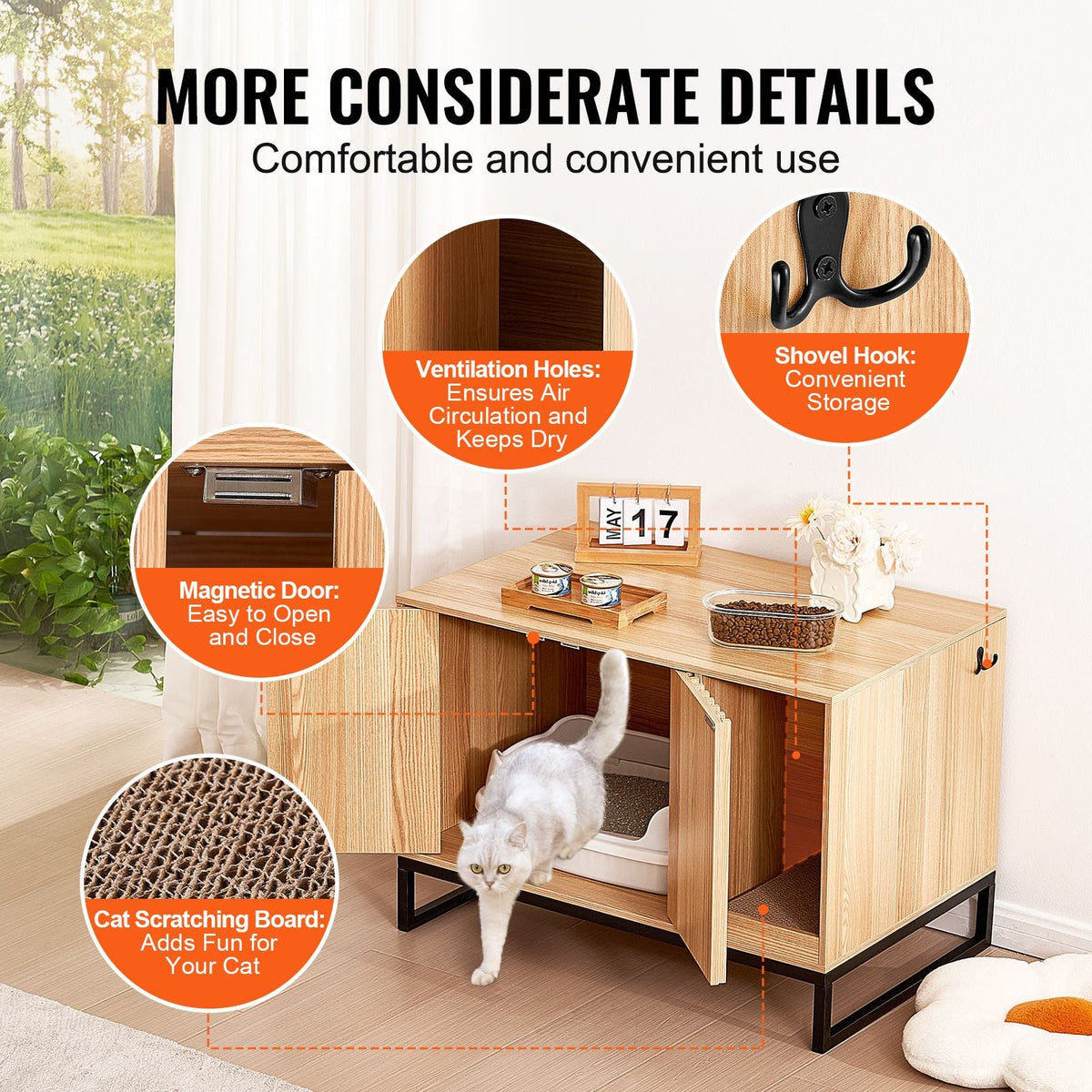 Cat Litter Box Enclosure, Hidden Litter Box Furniture, Wooden Cat Washroom Indoor with 2 Doors & Study Metal Legs, Cat House Cabinet Hidden Fit Most of Litter Box, 31.5"L x 20"W x 22"H, Natural