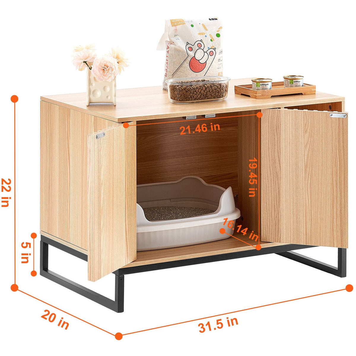 Cat Litter Box Enclosure, Hidden Litter Box Furniture, Wooden Cat Washroom Indoor with 2 Doors & Study Metal Legs, Cat House Cabinet Hidden Fit Most of Litter Box, 31.5"L x 20"W x 22"H, Natural