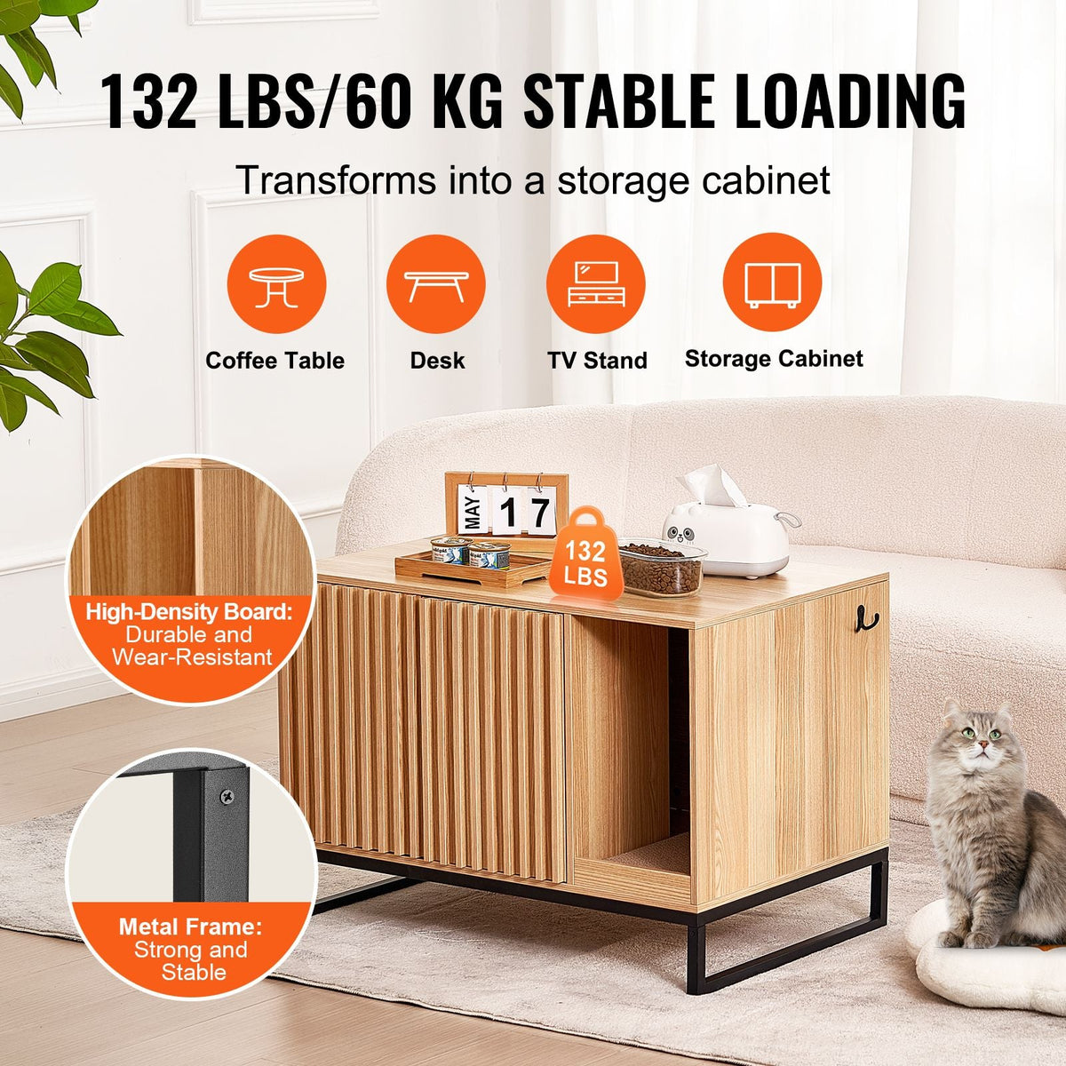 Cat Litter Box Enclosure, Hidden Litter Box Furniture, Wooden Cat Washroom Indoor with 2 Doors & Study Metal Legs, Cat House Cabinet Hidden Fit Most of Litter Box, 31.5"L x 20"W x 22"H, Natural