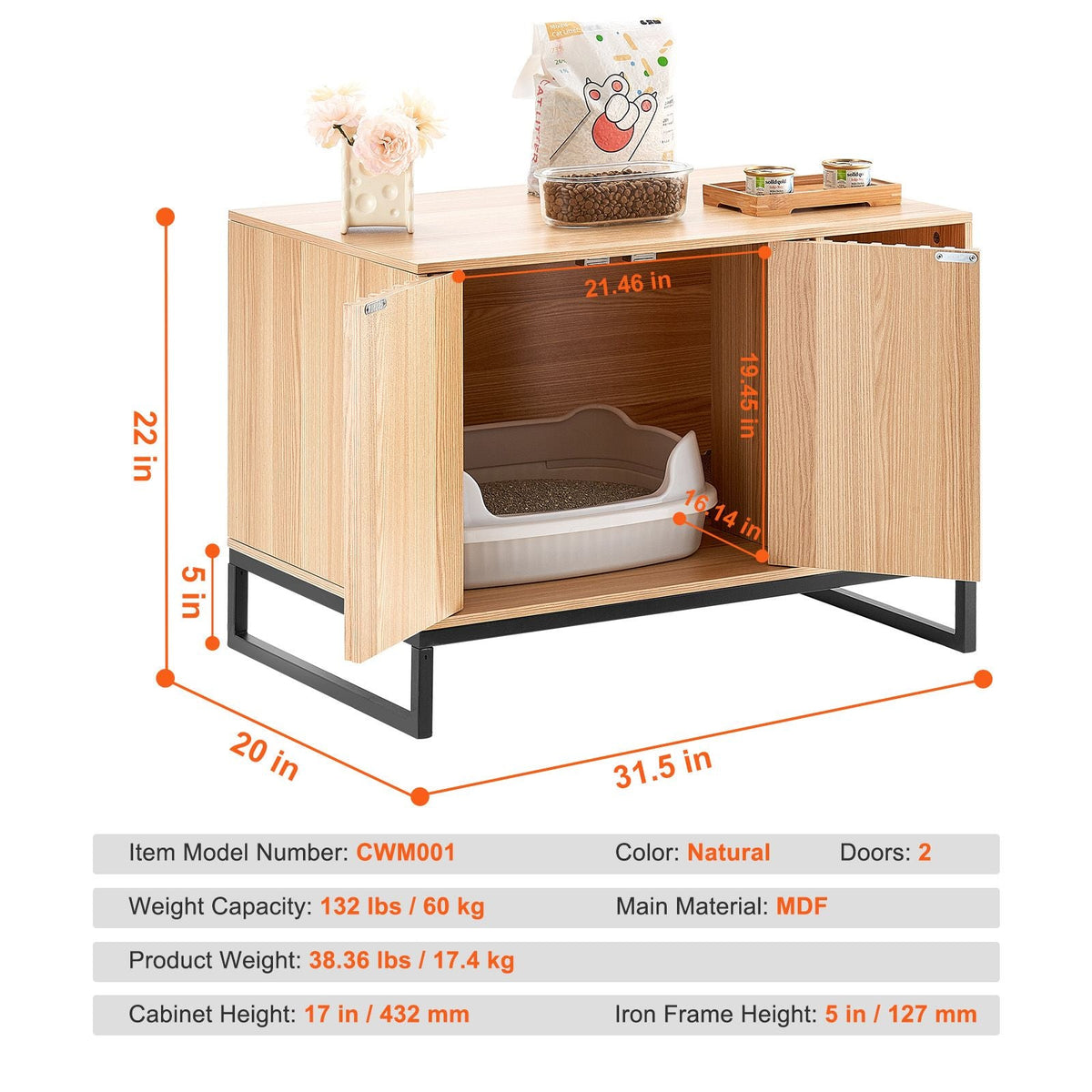 Cat Litter Box Enclosure, Hidden Litter Box Furniture, Wooden Cat Washroom Indoor with 2 Doors & Study Metal Legs, Cat House Cabinet Hidden Fit Most of Litter Box, 31.5"L x 20"W x 22"H, Natural