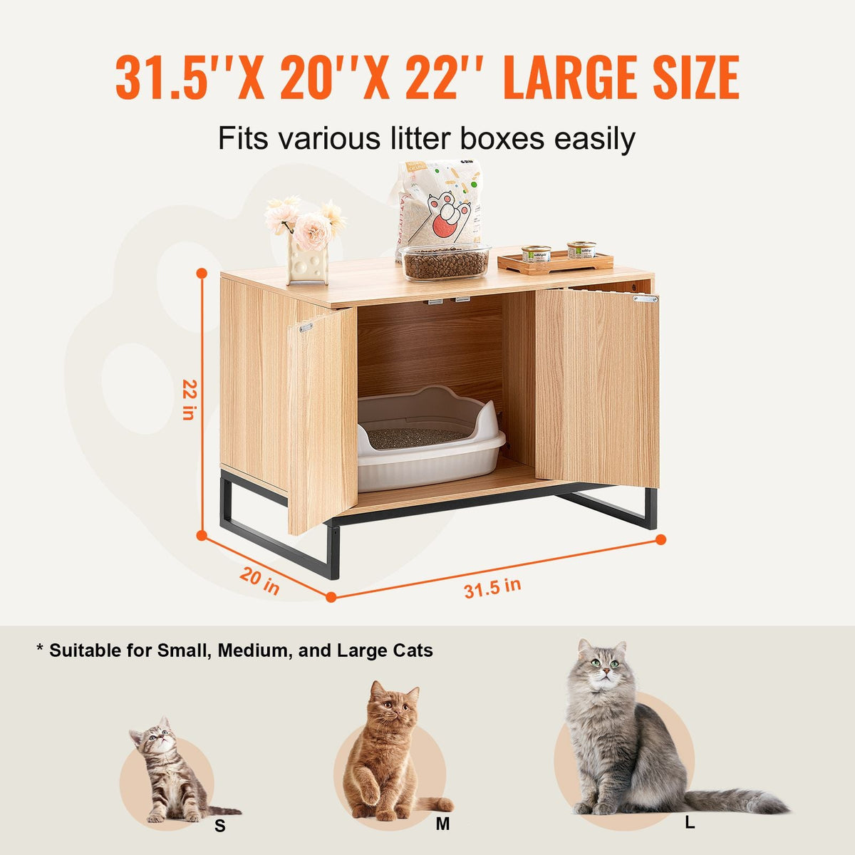 Cat Litter Box Enclosure, Hidden Litter Box Furniture, Wooden Cat Washroom Indoor with 2 Doors & Study Metal Legs, Cat House Cabinet Hidden Fit Most of Litter Box, 31.5"L x 20"W x 22"H, Natural