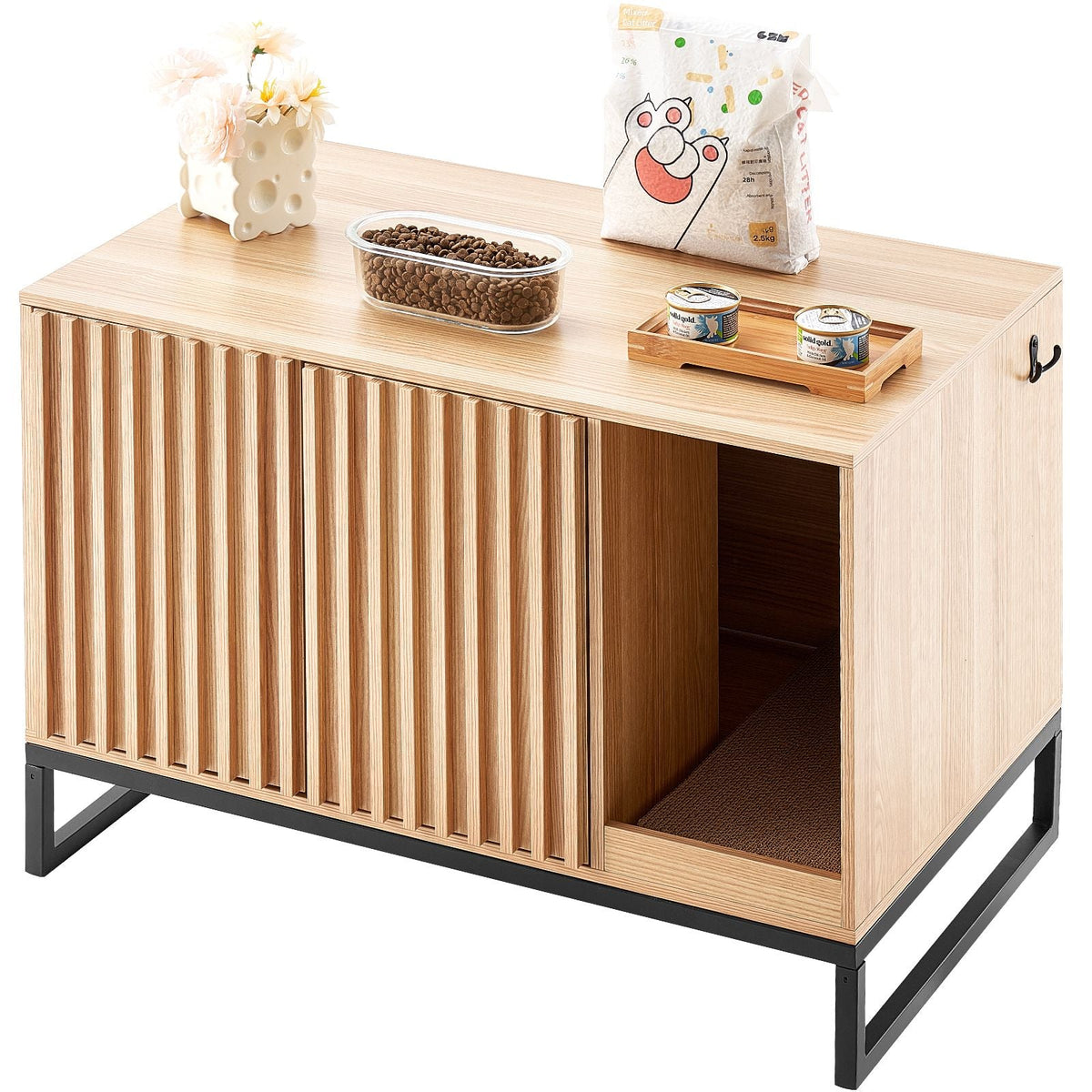 Cat Litter Box Enclosure, Hidden Litter Box Furniture, Wooden Cat Washroom Indoor with 2 Doors & Study Metal Legs, Cat House Cabinet Hidden Fit Most of Litter Box, 31.5"L x 20"W x 22"H, Natural