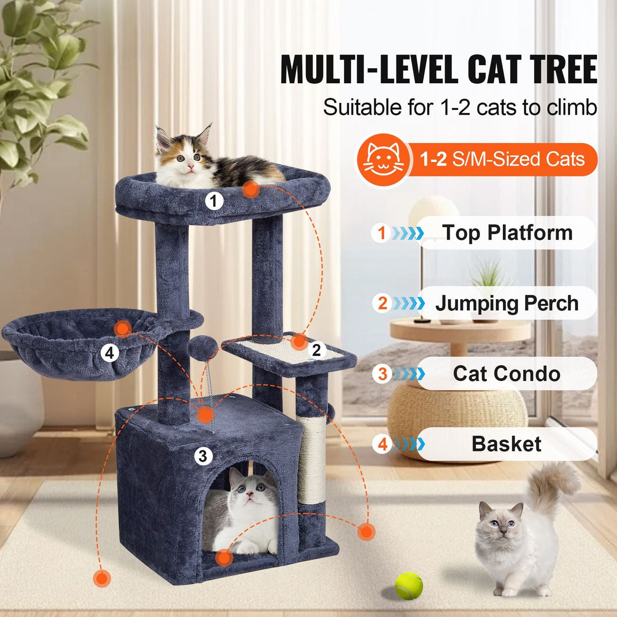 Cat Tree for Indoor Cats, 31.4" Cat Tower with Cat Condo, Sisal Scratching Post, Hammock, Top Perch, Jumping Platform, Cat House with Hang Ball, Cat Furniture Activity Center, Dark Grey