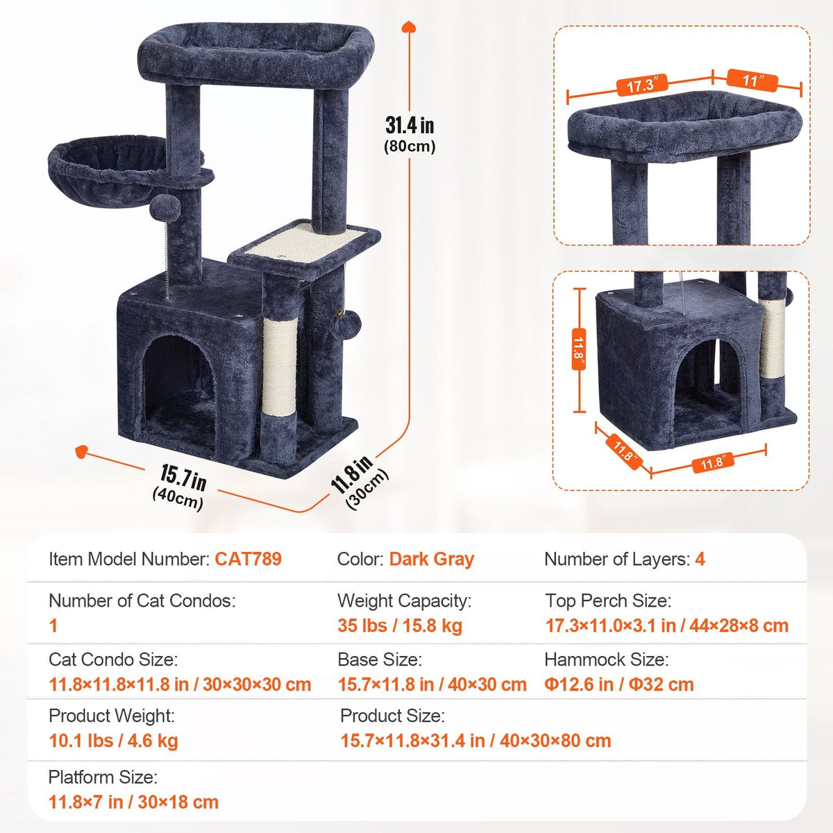 Cat Tree for Indoor Cats, 31.4" Cat Tower with Cat Condo, Sisal Scratching Post, Hammock, Top Perch, Jumping Platform, Cat House with Hang Ball, Cat Furniture Activity Center, Dark Grey