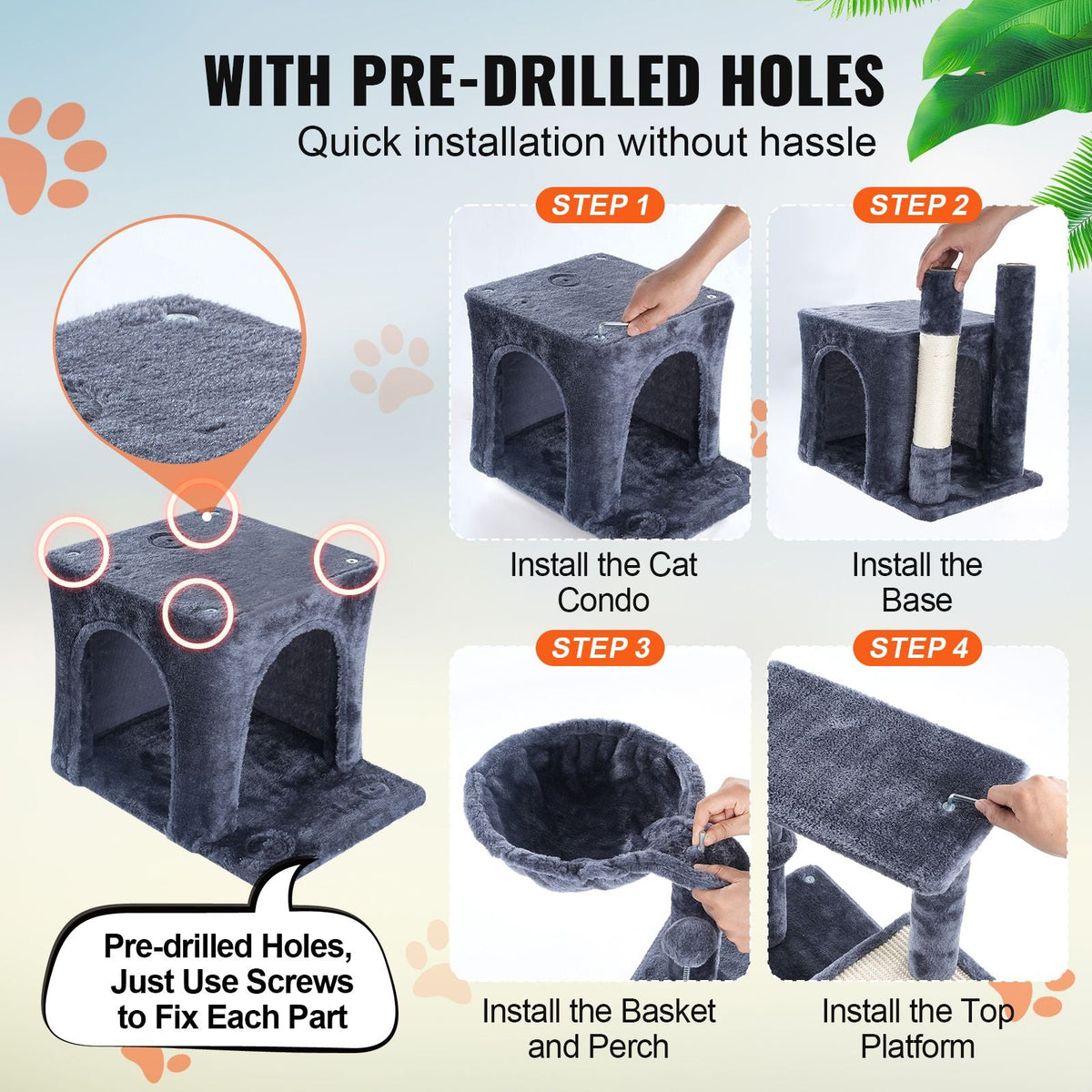 Cat Tree for Indoor Cats, 31.4" Cat Tower with Cat Condo, Sisal Scratching Post, Hammock, Top Perch, Jumping Platform, Cat House with Hang Ball, Cat Furniture Activity Center, Dark Grey