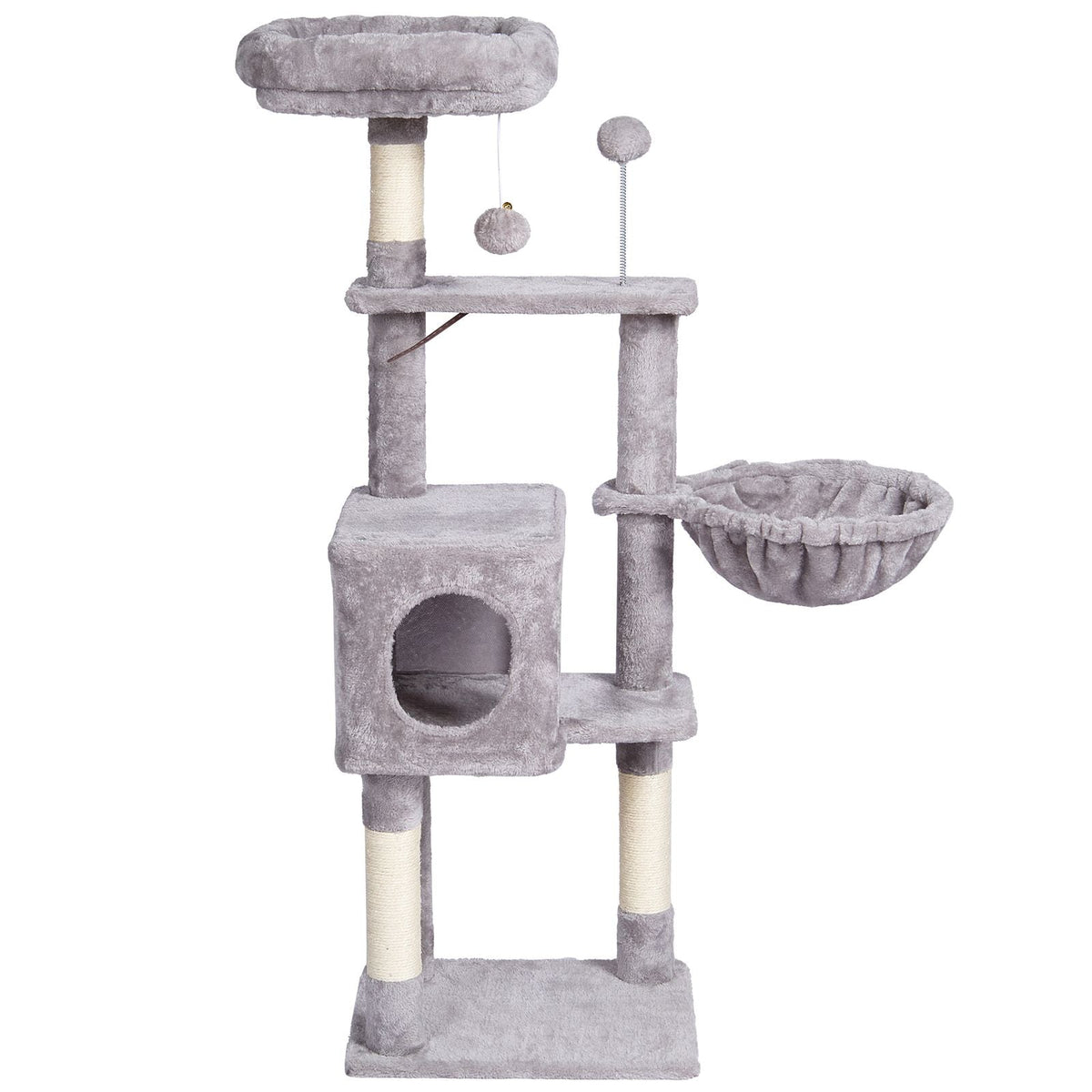 Cat Tree for Indoor Cats, 45.2" Cat Tower with Cat Condo, Sisal Scratching Post, Hammock, Top Perch, Jumping Platforms, Large Cat House with Hang Ball, Cat Furniture Activity Center, Light Grey
