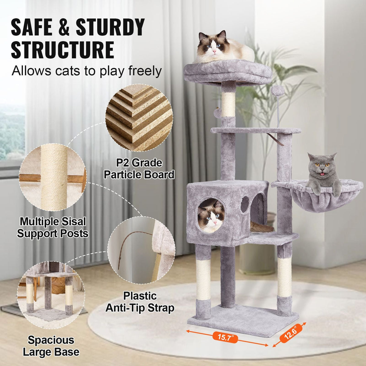 Cat Tree for Indoor Cats, 45.2" Cat Tower with Cat Condo, Sisal Scratching Post, Hammock, Top Perch, Jumping Platforms, Large Cat House with Hang Ball, Cat Furniture Activity Center, Light Grey