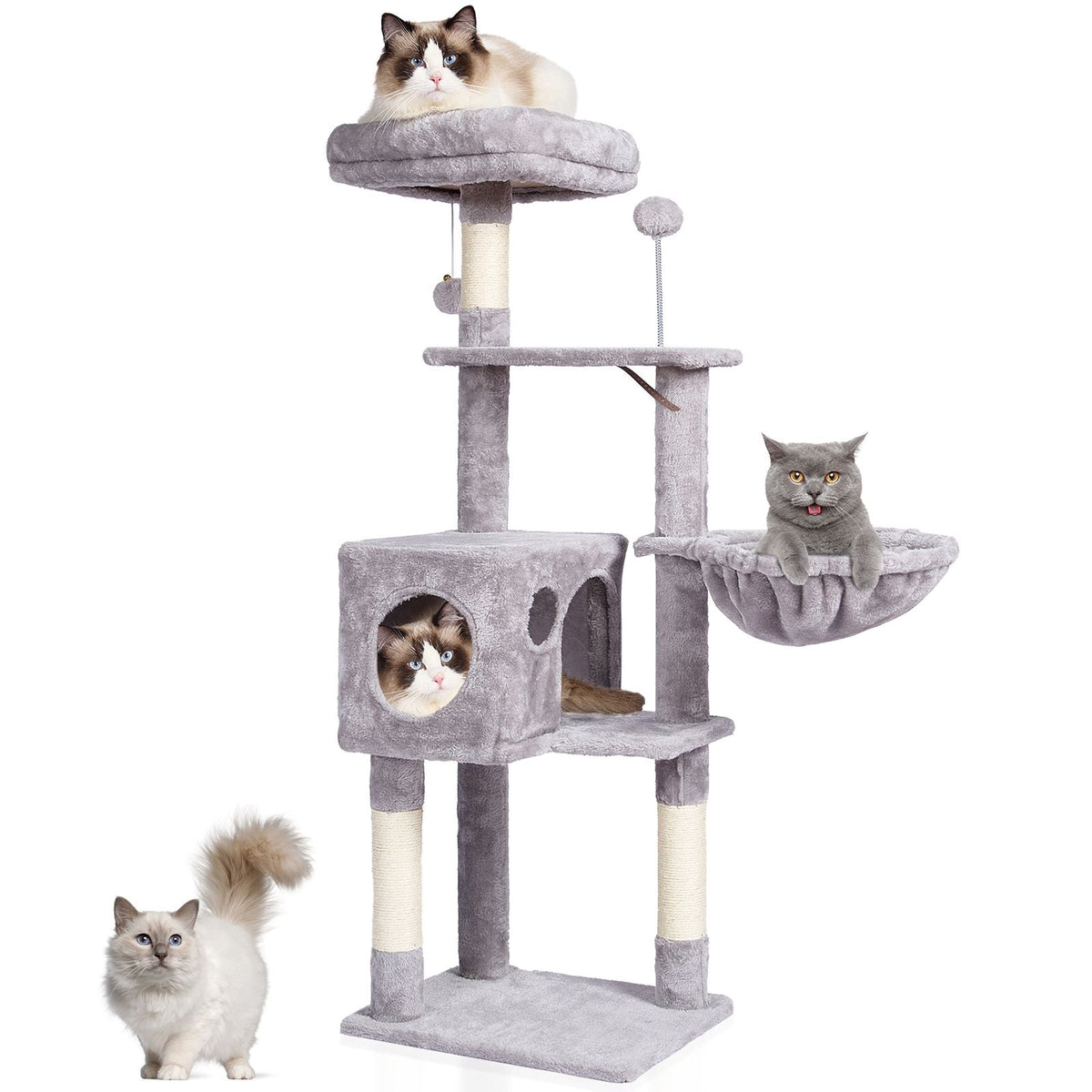 Cat Tree for Indoor Cats, 45.2" Cat Tower with Cat Condo, Sisal Scratching Post, Hammock, Top Perch, Jumping Platforms, Large Cat House with Hang Ball, Cat Furniture Activity Center, Light Grey