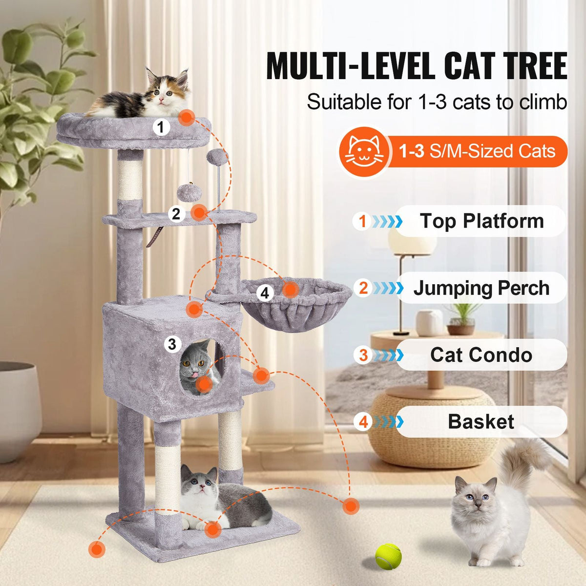 Cat Tree for Indoor Cats, 45.2" Cat Tower with Cat Condo, Sisal Scratching Post, Hammock, Top Perch, Jumping Platforms, Large Cat House with Hang Ball, Cat Furniture Activity Center, Light Grey