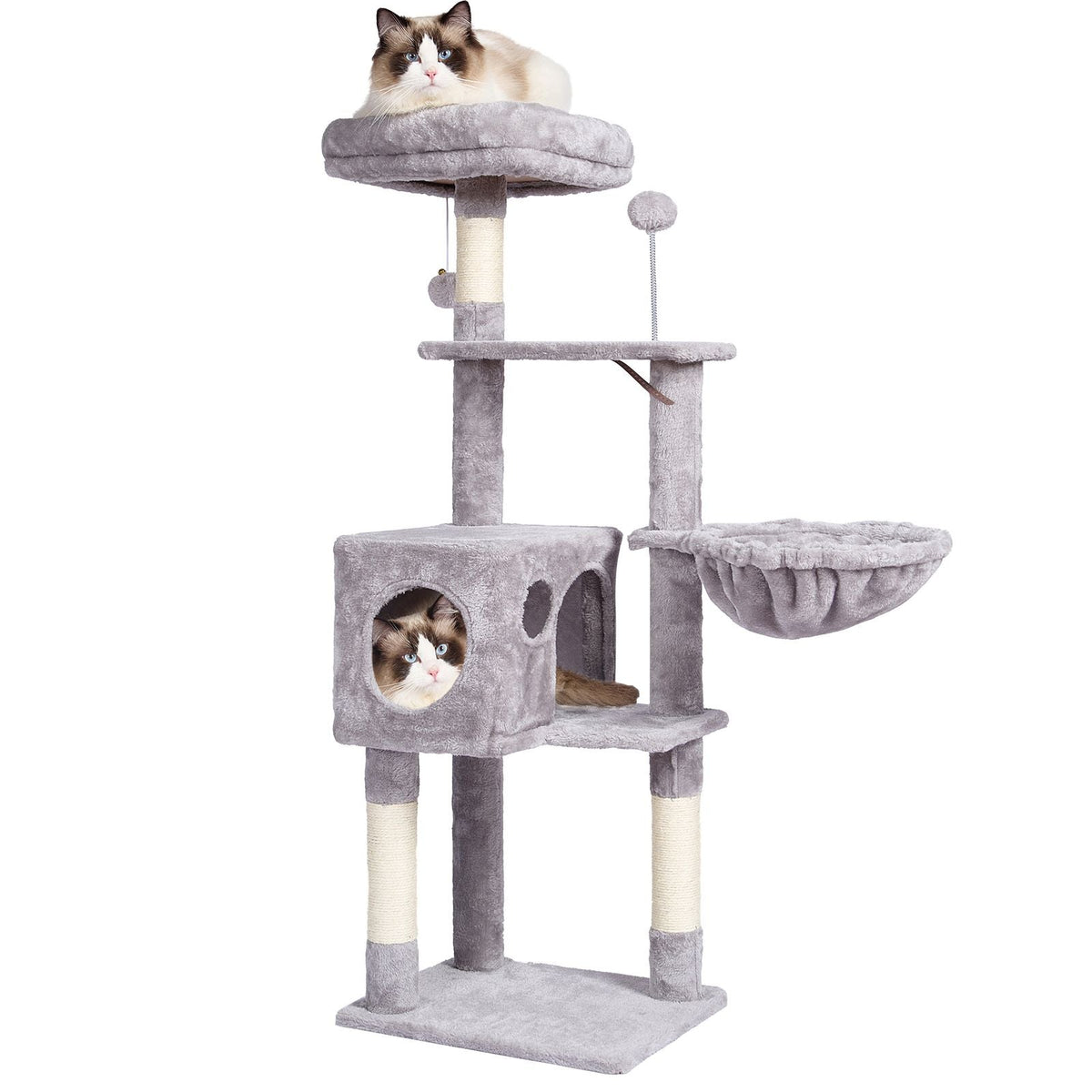 Cat Tree for Indoor Cats, 45.2" Cat Tower with Cat Condo, Sisal Scratching Post, Hammock, Top Perch, Jumping Platforms, Large Cat House with Hang Ball, Cat Furniture Activity Center, Light Grey