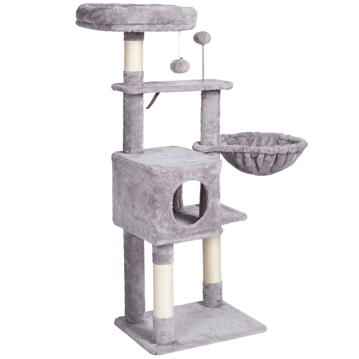 Cat Tree for Indoor Cats, 45.2" Cat Tower with Cat Condo, Sisal Scratching Post, Hammock, Top Perch, Jumping Platforms, Large Cat House with Hang Ball, Cat Furniture Activity Center, Light Grey