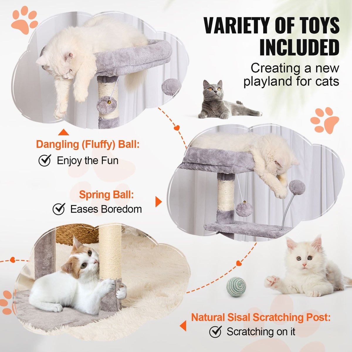 Cat Tree for Indoor Cats, 45.2" Cat Tower with Cat Condo, Sisal Scratching Post, Hammock, Top Perch, Jumping Platforms, Large Cat House with Hang Ball, Cat Furniture Activity Center, Light Grey