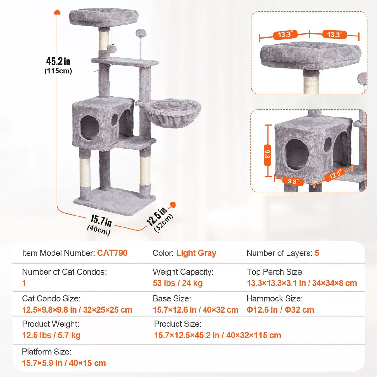 Cat Tree for Indoor Cats, 45.2" Cat Tower with Cat Condo, Sisal Scratching Post, Hammock, Top Perch, Jumping Platforms, Large Cat House with Hang Ball, Cat Furniture Activity Center, Light Grey