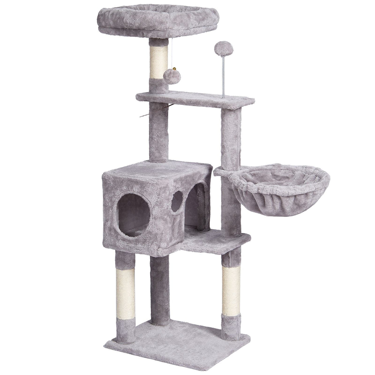 Cat Tree for Indoor Cats, 45.2" Cat Tower with Cat Condo, Sisal Scratching Post, Hammock, Top Perch, Jumping Platforms, Large Cat House with Hang Ball, Cat Furniture Activity Center, Light Grey