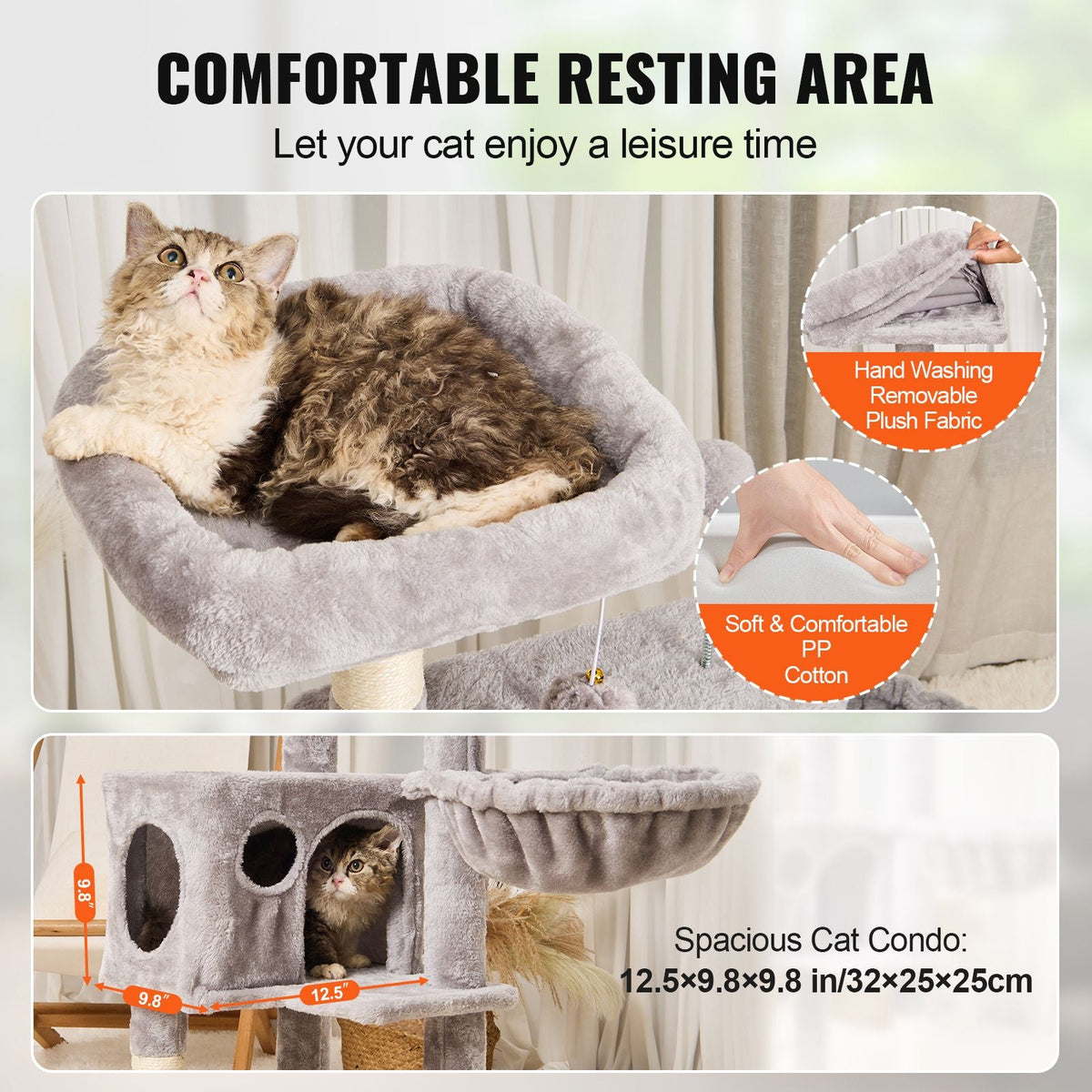 Cat Tree for Indoor Cats, 45.2" Cat Tower with Cat Condo, Sisal Scratching Post, Hammock, Top Perch, Jumping Platforms, Large Cat House with Hang Ball, Cat Furniture Activity Center, Light Grey