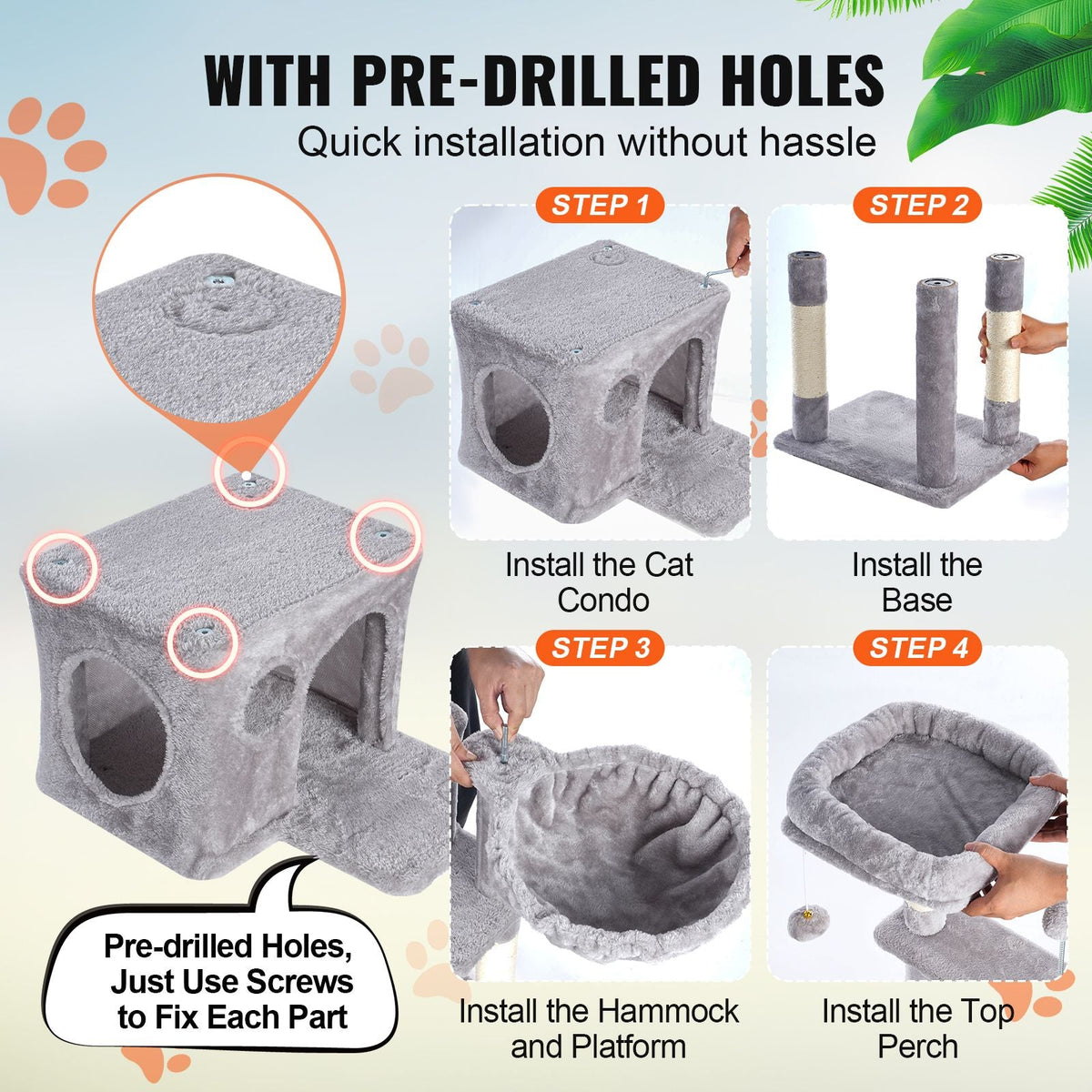 Cat Tree for Indoor Cats, 45.2" Cat Tower with Cat Condo, Sisal Scratching Post, Hammock, Top Perch, Jumping Platforms, Large Cat House with Hang Ball, Cat Furniture Activity Center, Light Grey
