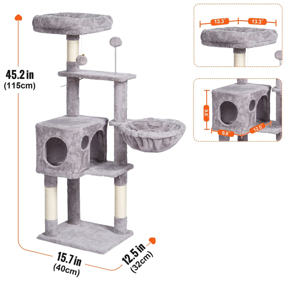 Cat Tree for Indoor Cats, 45.2" Cat Tower with Cat Condo, Sisal Scratching Post, Hammock, Top Perch, Jumping Platforms, Large Cat House with Hang Ball, Cat Furniture Activity Center, Light Grey