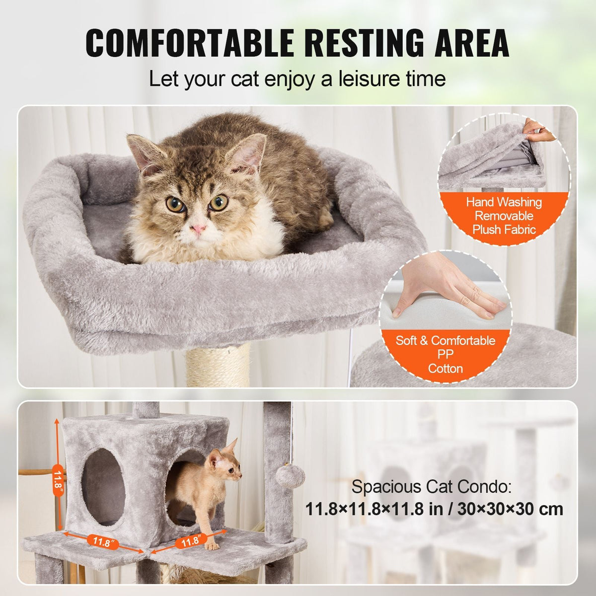 Cat Tree for Indoor Cats, 56.2" Cat Tower with Cat Condo, Sisal Scratching Post, Hammock, Top Perch, Jumping Platforms, Large Cat House with Hang Ball, Cat Furniture Activity Center, Light Grey