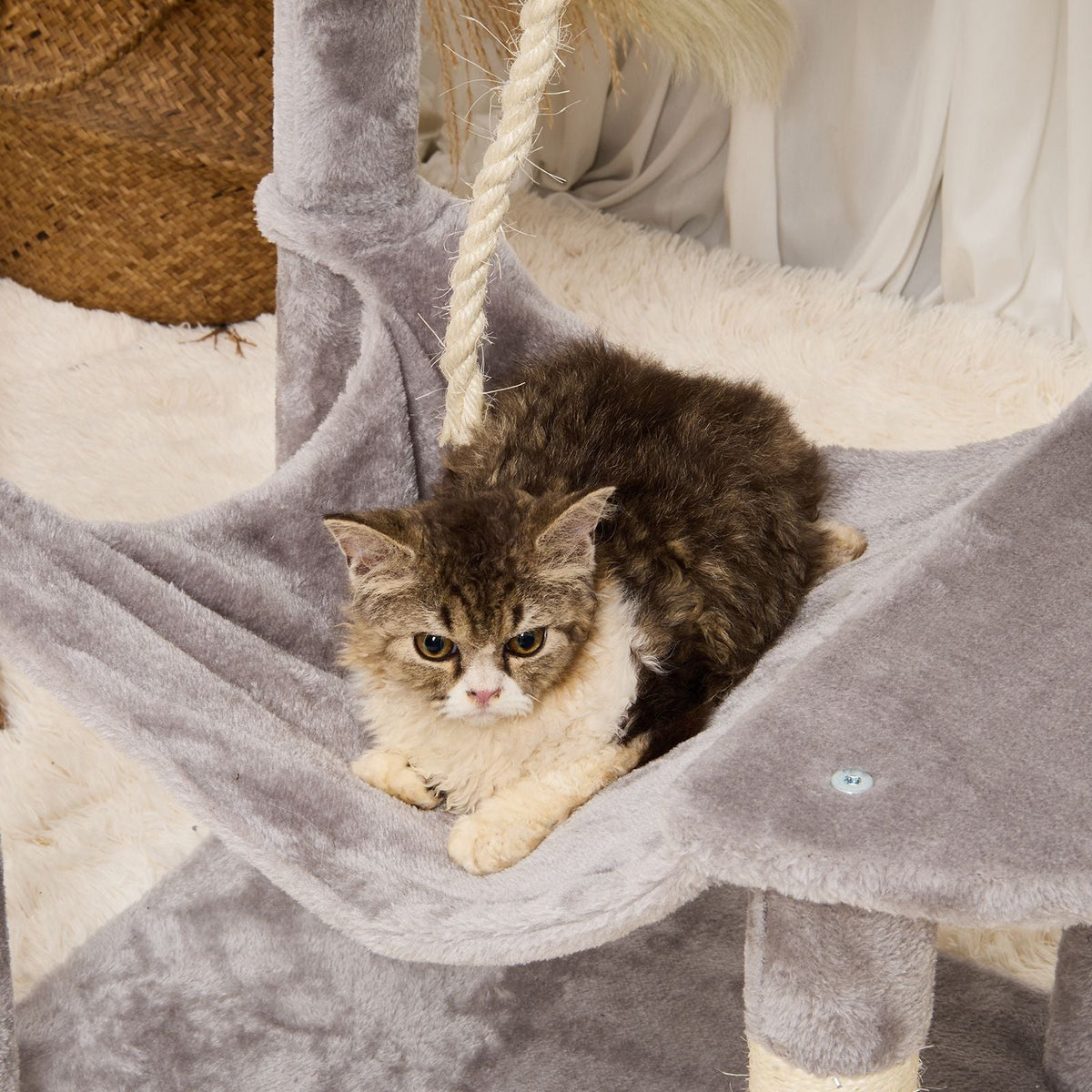 Cat Tree for Indoor Cats, 56.2" Cat Tower with Cat Condo, Sisal Scratching Post, Hammock, Top Perch, Jumping Platforms, Large Cat House with Hang Ball, Cat Furniture Activity Center, Light Grey