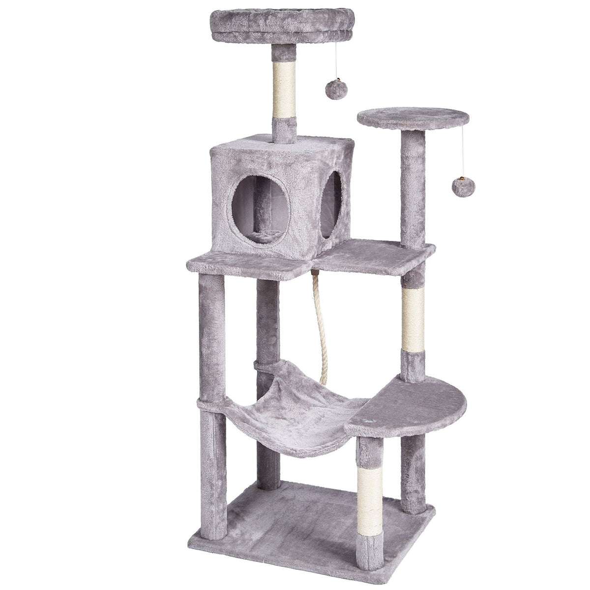 Cat Tree for Indoor Cats, 56.2" Cat Tower with Cat Condo, Sisal Scratching Post, Hammock, Top Perch, Jumping Platforms, Large Cat House with Hang Ball, Cat Furniture Activity Center, Light Grey