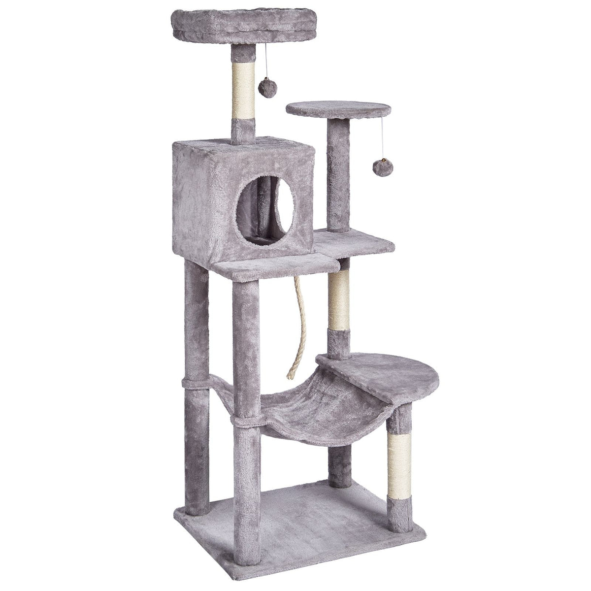 Cat Tree for Indoor Cats, 56.2" Cat Tower with Cat Condo, Sisal Scratching Post, Hammock, Top Perch, Jumping Platforms, Large Cat House with Hang Ball, Cat Furniture Activity Center, Light Grey