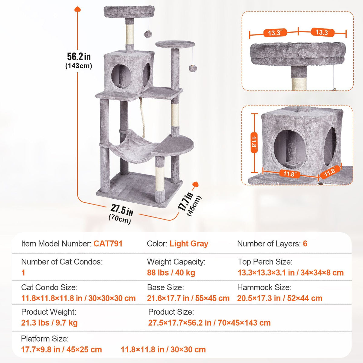 Cat Tree for Indoor Cats, 56.2" Cat Tower with Cat Condo, Sisal Scratching Post, Hammock, Top Perch, Jumping Platforms, Large Cat House with Hang Ball, Cat Furniture Activity Center, Light Grey