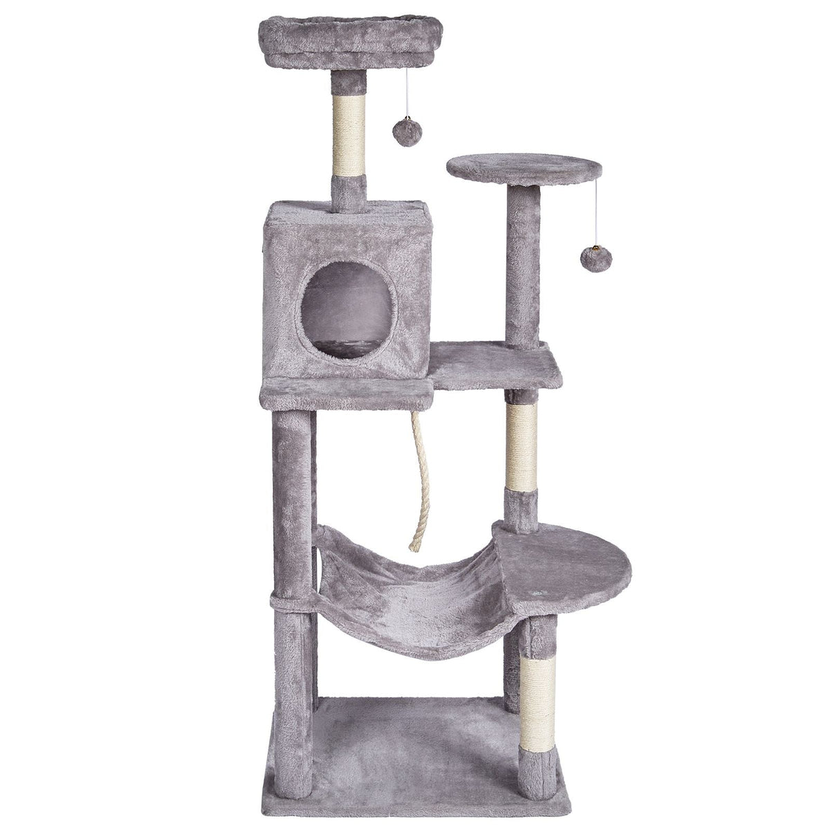Cat Tree for Indoor Cats, 56.2" Cat Tower with Cat Condo, Sisal Scratching Post, Hammock, Top Perch, Jumping Platforms, Large Cat House with Hang Ball, Cat Furniture Activity Center, Light Grey