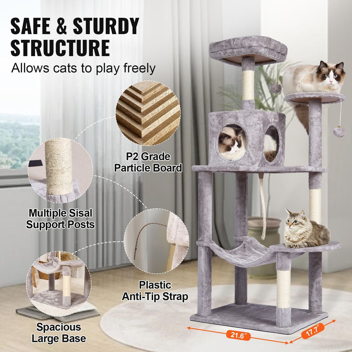 Cat Tree for Indoor Cats, 56.2" Cat Tower with Cat Condo, Sisal Scratching Post, Hammock, Top Perch, Jumping Platforms, Large Cat House with Hang Ball, Cat Furniture Activity Center, Light Grey