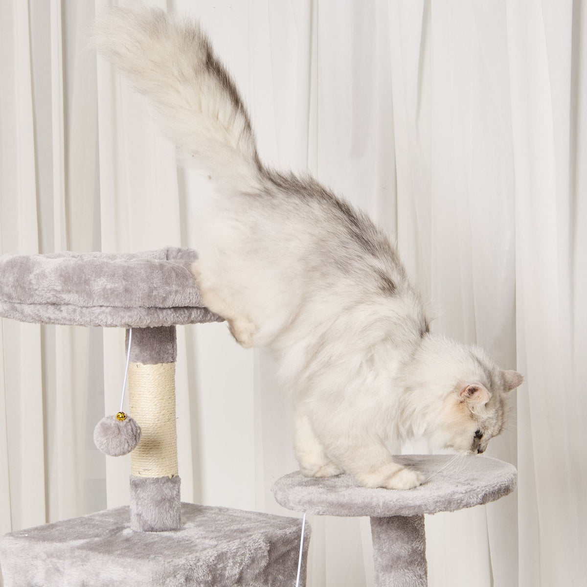 Cat Tree for Indoor Cats, 56.2" Cat Tower with Cat Condo, Sisal Scratching Post, Hammock, Top Perch, Jumping Platforms, Large Cat House with Hang Ball, Cat Furniture Activity Center, Light Grey