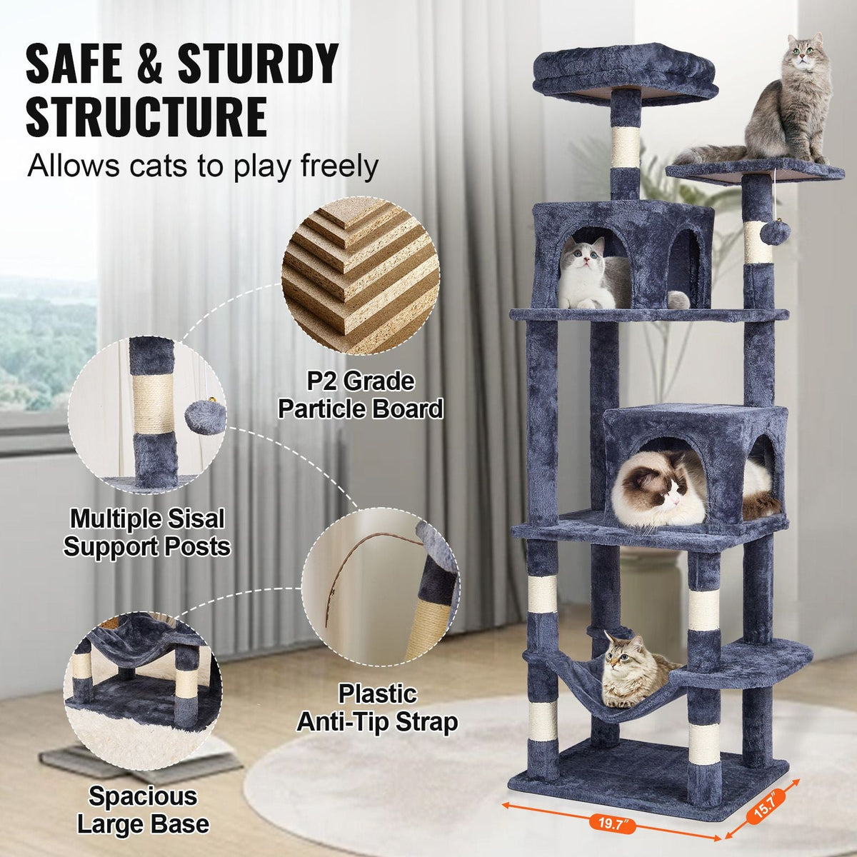 Cat Tree for Indoor Cats, 63" Cat Tower with 2 Cat Condos, Sisal Scratching Post, Hammock, Top Perch, Jumping Platforms, Large Cat Furniture Activity Center with Hang Ball, Dark Grey