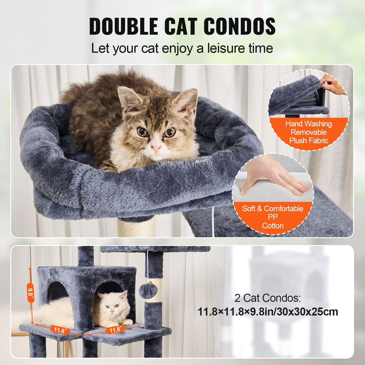 Cat Tree for Indoor Cats, 63" Cat Tower with 2 Cat Condos, Sisal Scratching Post, Hammock, Top Perch, Jumping Platforms, Large Cat Furniture Activity Center with Hang Ball, Dark Grey