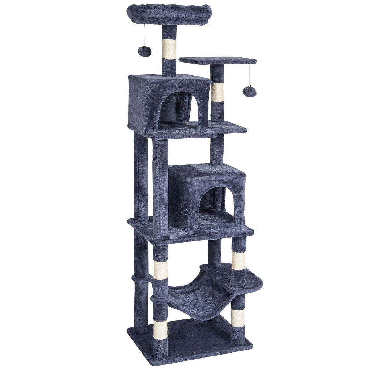 Cat Tree for Indoor Cats, 63" Cat Tower with 2 Cat Condos, Sisal Scratching Post, Hammock, Top Perch, Jumping Platforms, Large Cat Furniture Activity Center with Hang Ball, Dark Grey