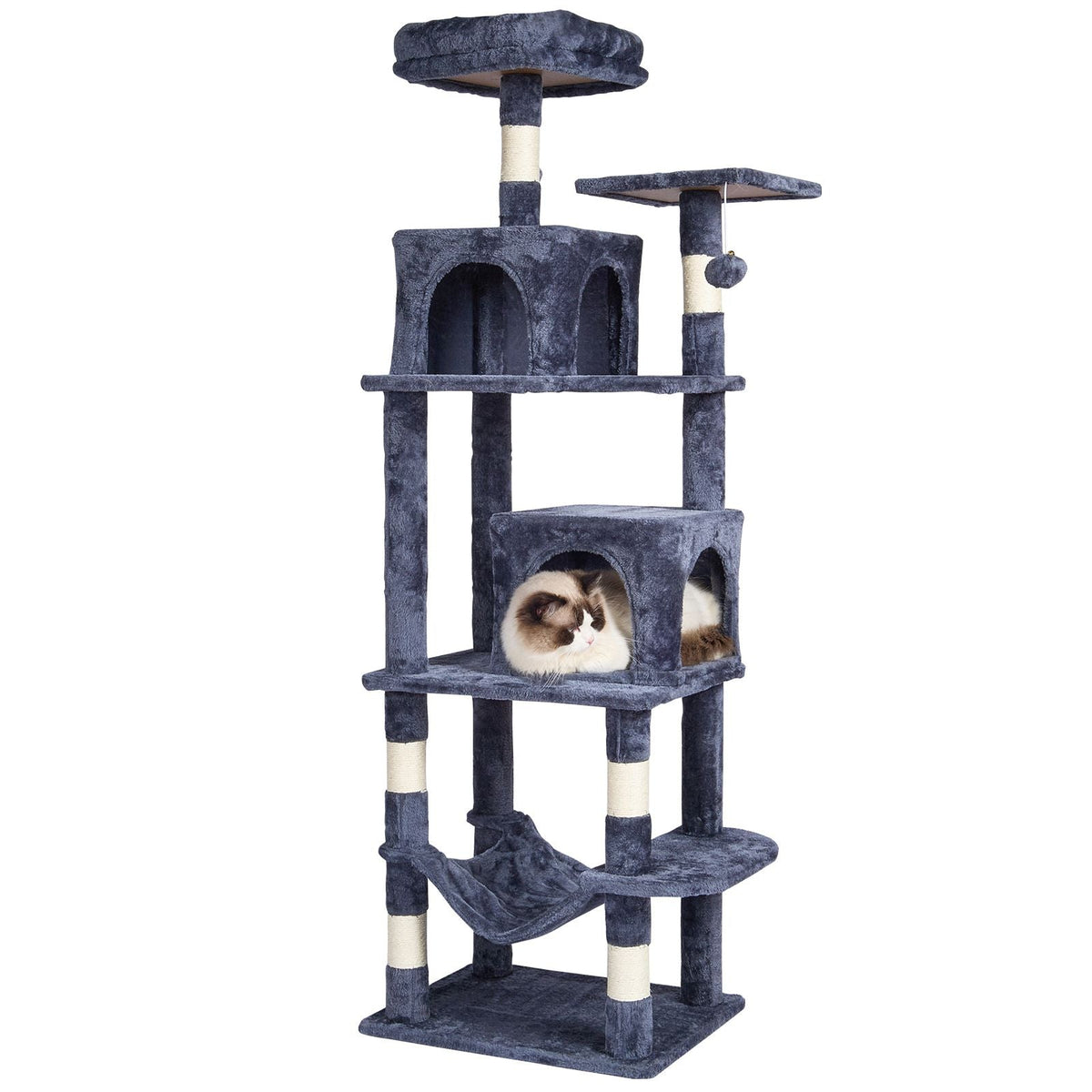 Cat Tree for Indoor Cats, 63" Cat Tower with 2 Cat Condos, Sisal Scratching Post, Hammock, Top Perch, Jumping Platforms, Large Cat Furniture Activity Center with Hang Ball, Dark Grey