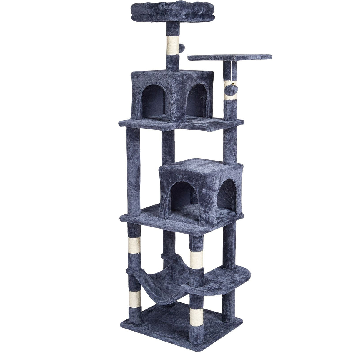 Cat Tree for Indoor Cats, 63" Cat Tower with 2 Cat Condos, Sisal Scratching Post, Hammock, Top Perch, Jumping Platforms, Large Cat Furniture Activity Center with Hang Ball, Dark Grey