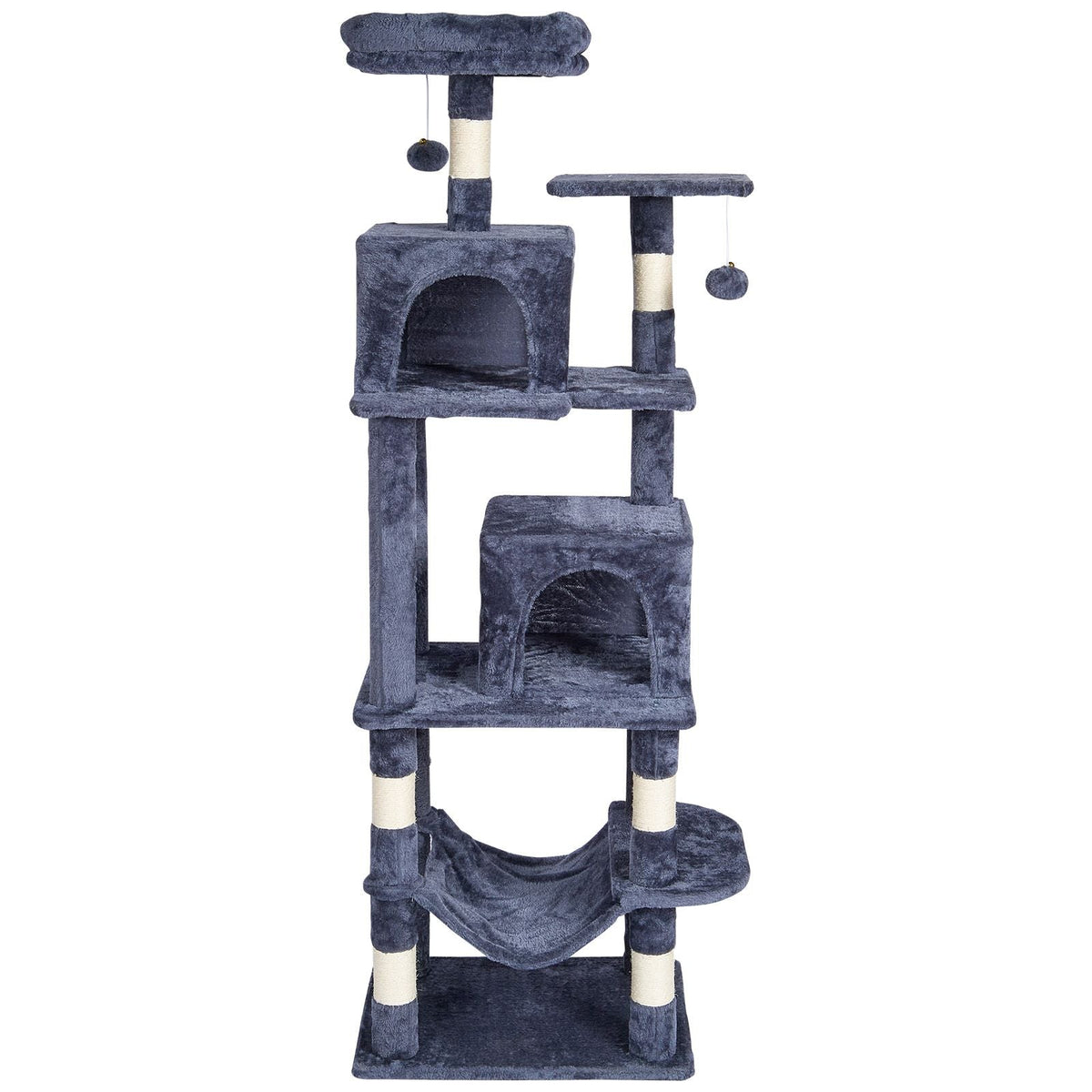Cat Tree for Indoor Cats, 63" Cat Tower with 2 Cat Condos, Sisal Scratching Post, Hammock, Top Perch, Jumping Platforms, Large Cat Furniture Activity Center with Hang Ball, Dark Grey