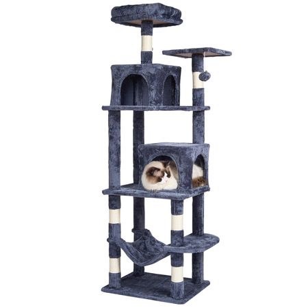 Cat Tree for Indoor Cats, 63" Cat Tower with 2 Cat Condos, Sisal Scratching Post, Hammock, Top Perch, Jumping Platforms, Large Cat Furniture Activity Center with Hang Ball, Dark Grey