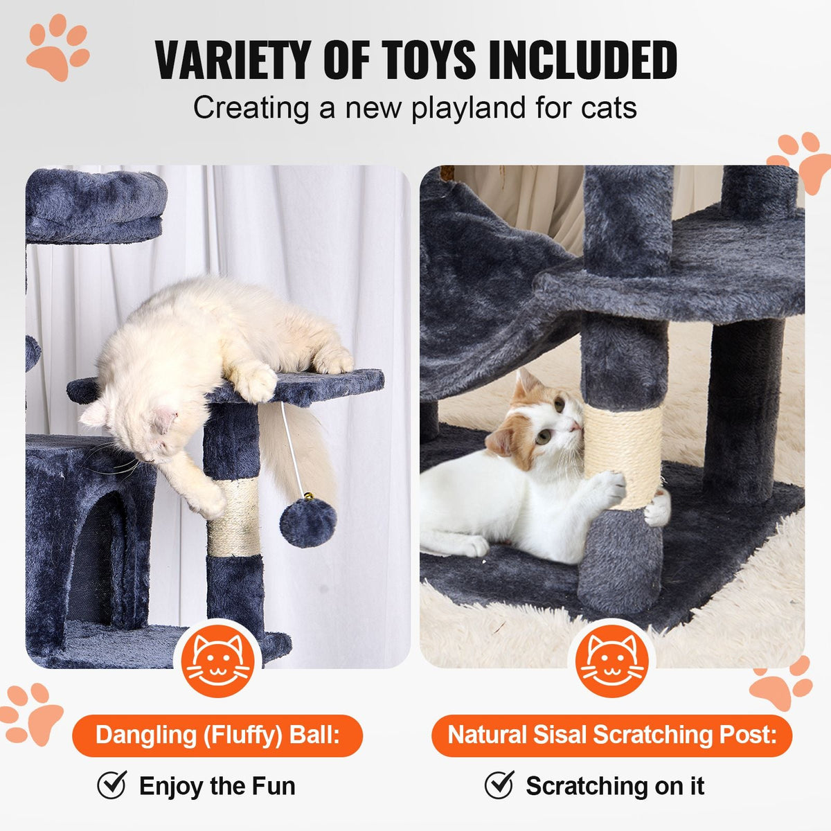 Cat Tree for Indoor Cats, 63" Cat Tower with 2 Cat Condos, Sisal Scratching Post, Hammock, Top Perch, Jumping Platforms, Large Cat Furniture Activity Center with Hang Ball, Dark Grey